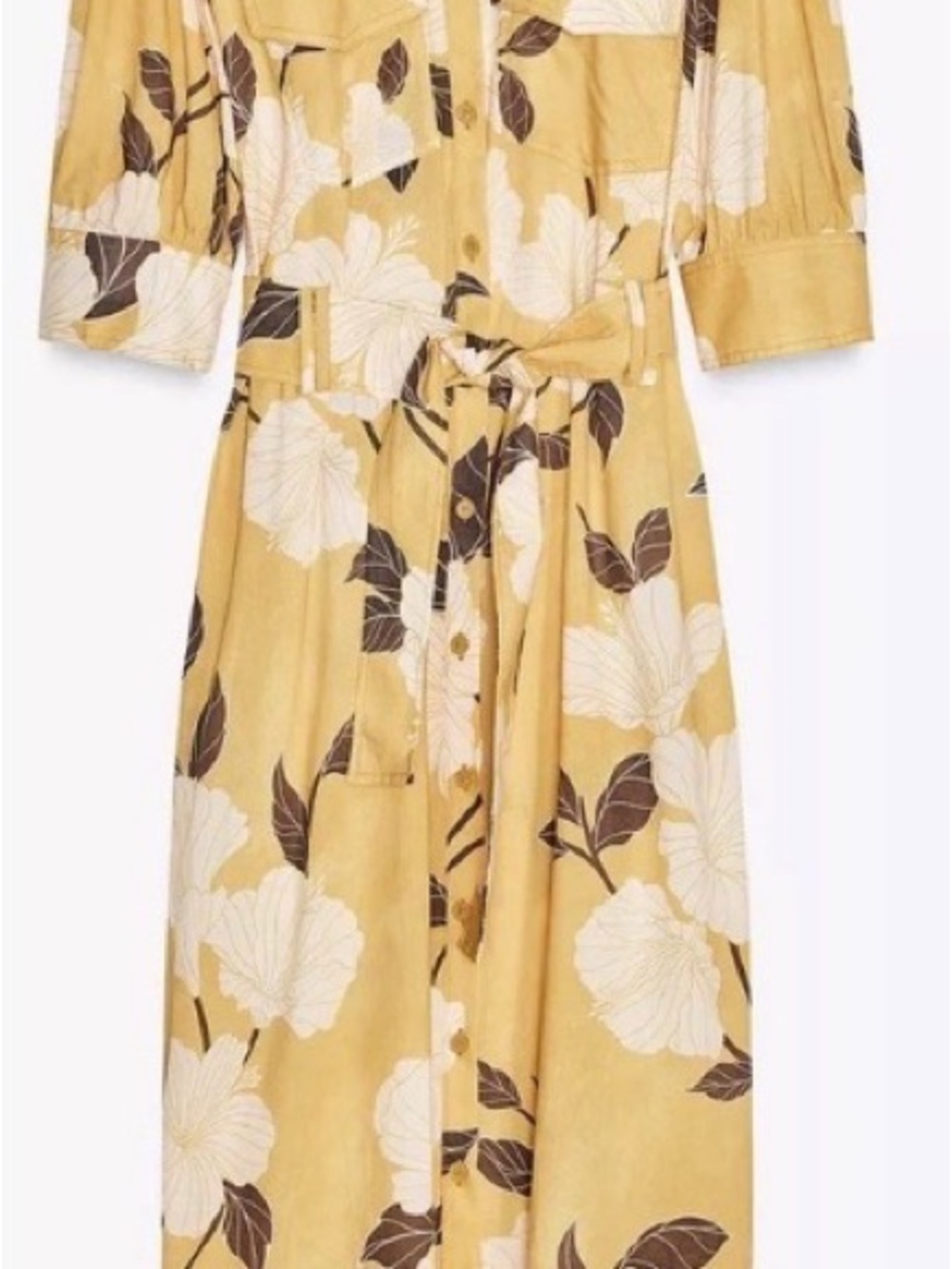 Zara Yellow Floral Button-Front Midi Dress with Tie Waist